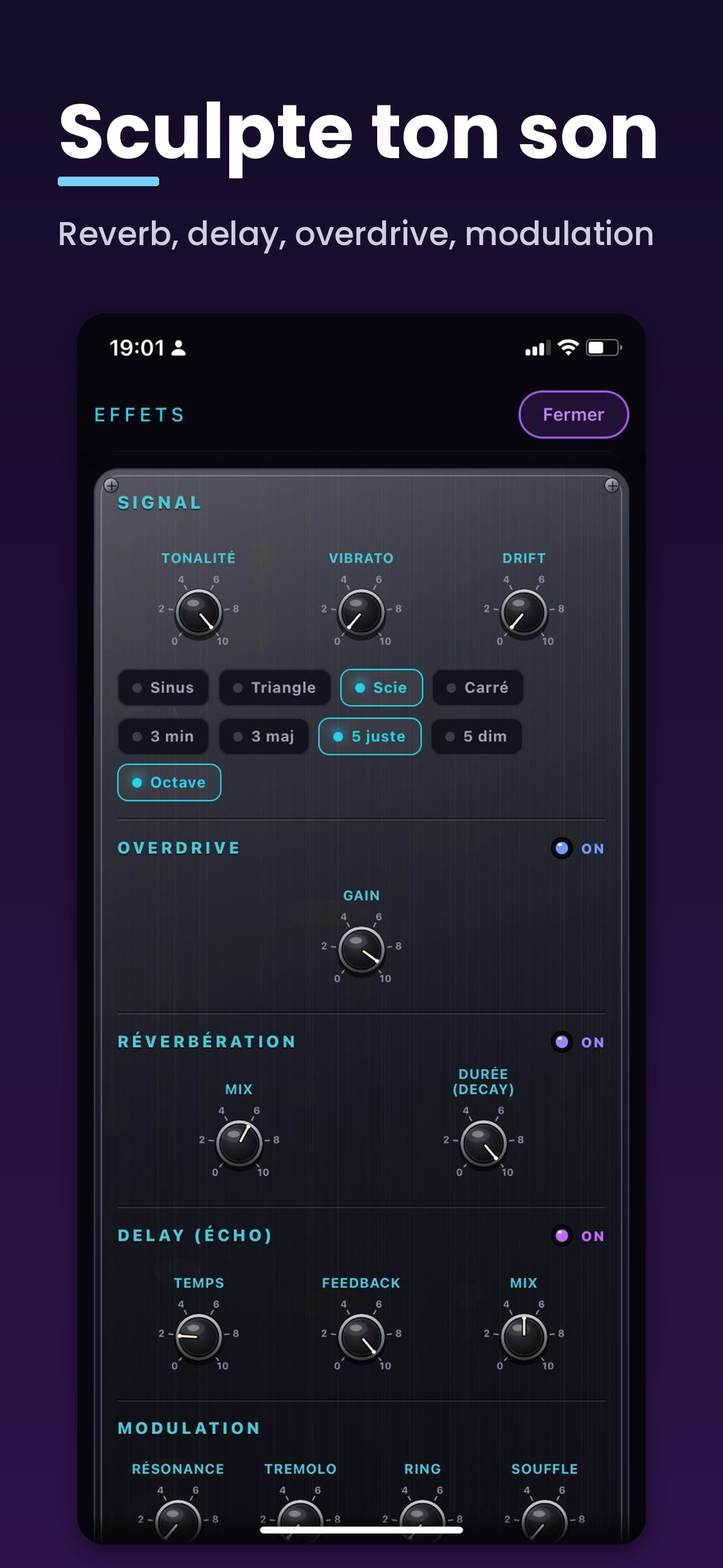 Theremin Air — effets : réverbe, delay, overdrive, modulation